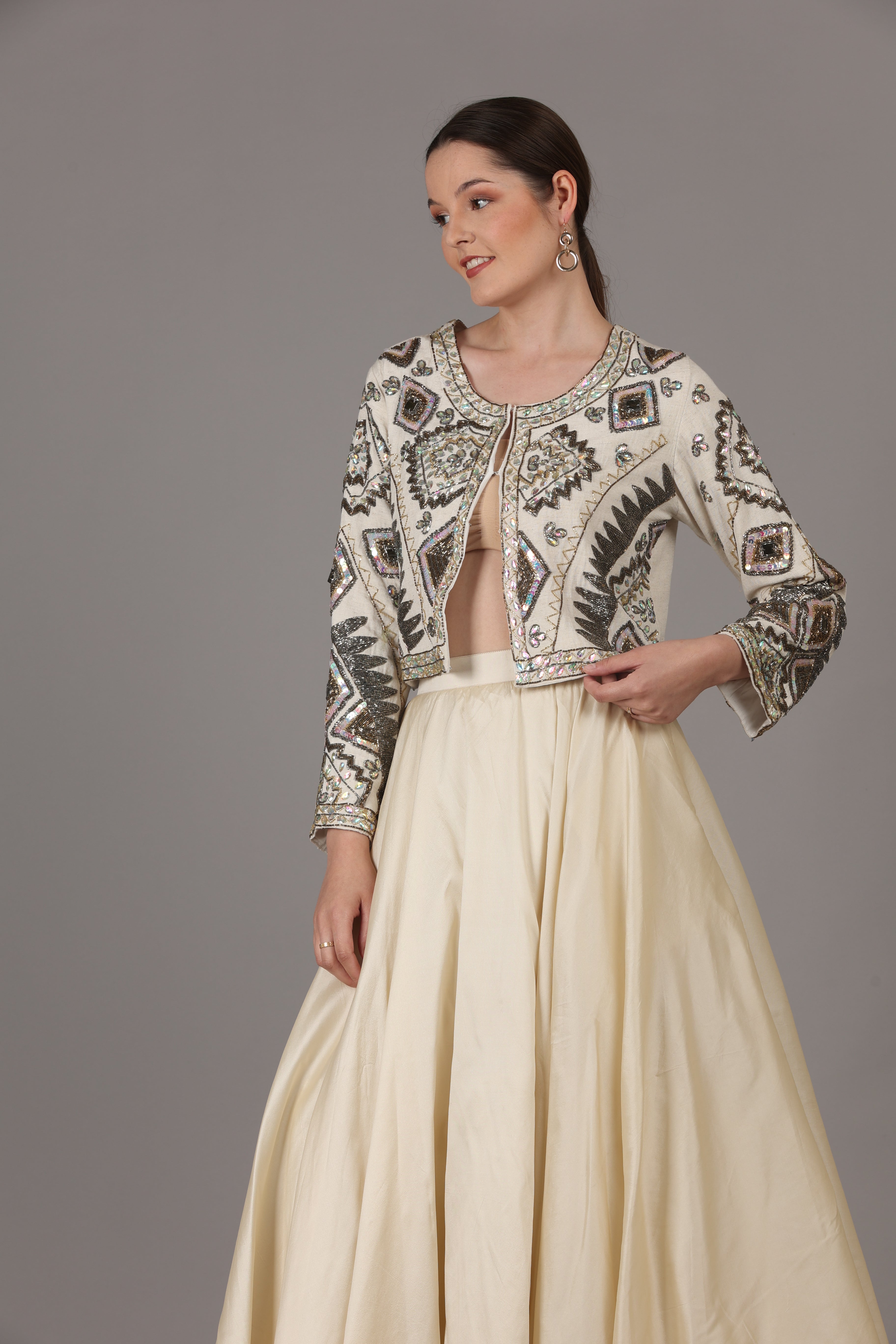NAMAH BY PARUL MONGIA Linen Off White Embroidered Jacket