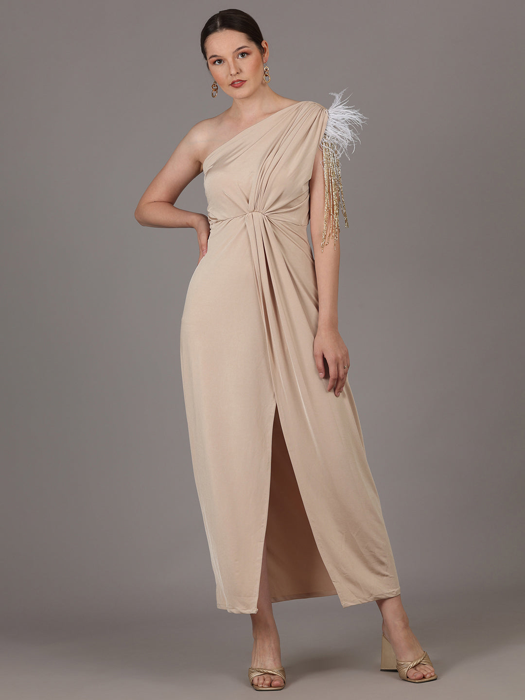 NAMAH BY PARUL MONGIA Sand Beige Lycra One Shoulder Maxi Dress