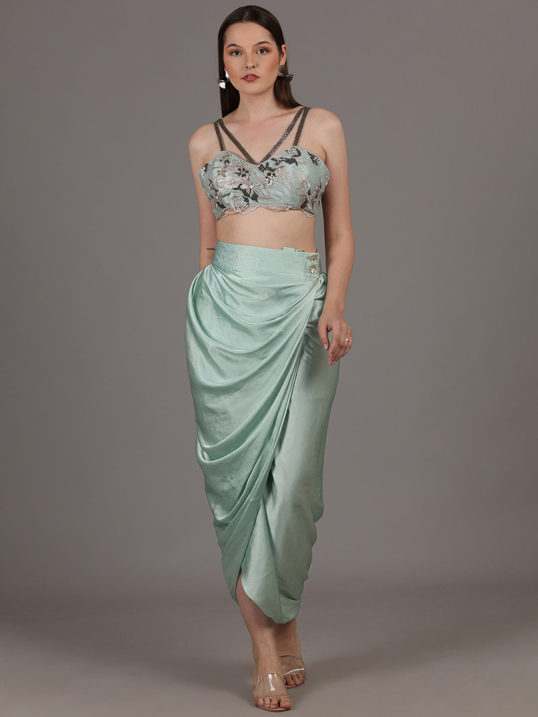 NAMAH BY PARUL MONGIA Ice Blue Embroidered Bralette with Skirt & Cape