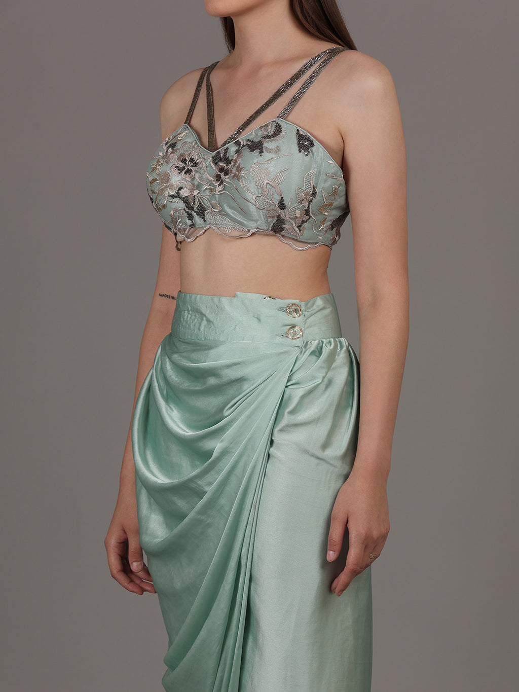 NAMAH BY PARUL MONGIA Ice Blue Embroidered Bralette with Skirt & Cape