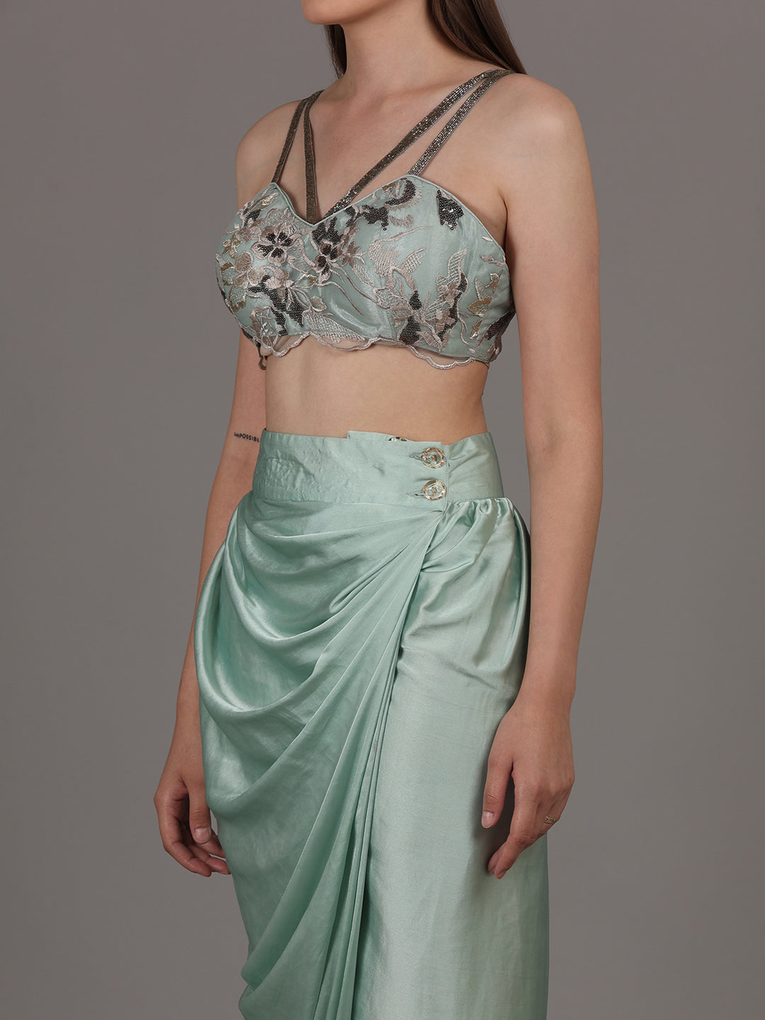 NAMAH BY PARUL MONGIA Ice Blue Embroidered Bralette with Skirt & Cape