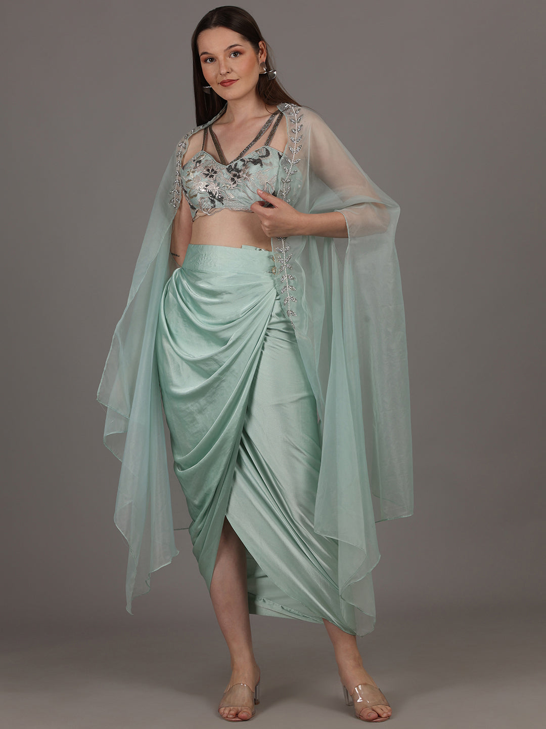 NAMAH BY PARUL MONGIA Ice Blue Embroidered Bralette with Skirt & Cape