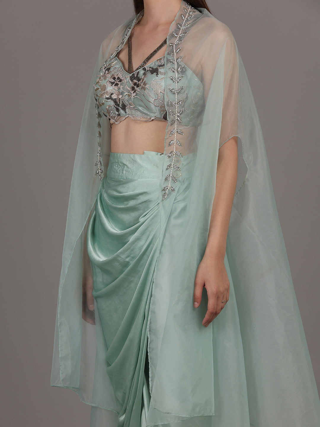 NAMAH BY PARUL MONGIA Ice Blue Embroidered Bralette with Skirt & Cape