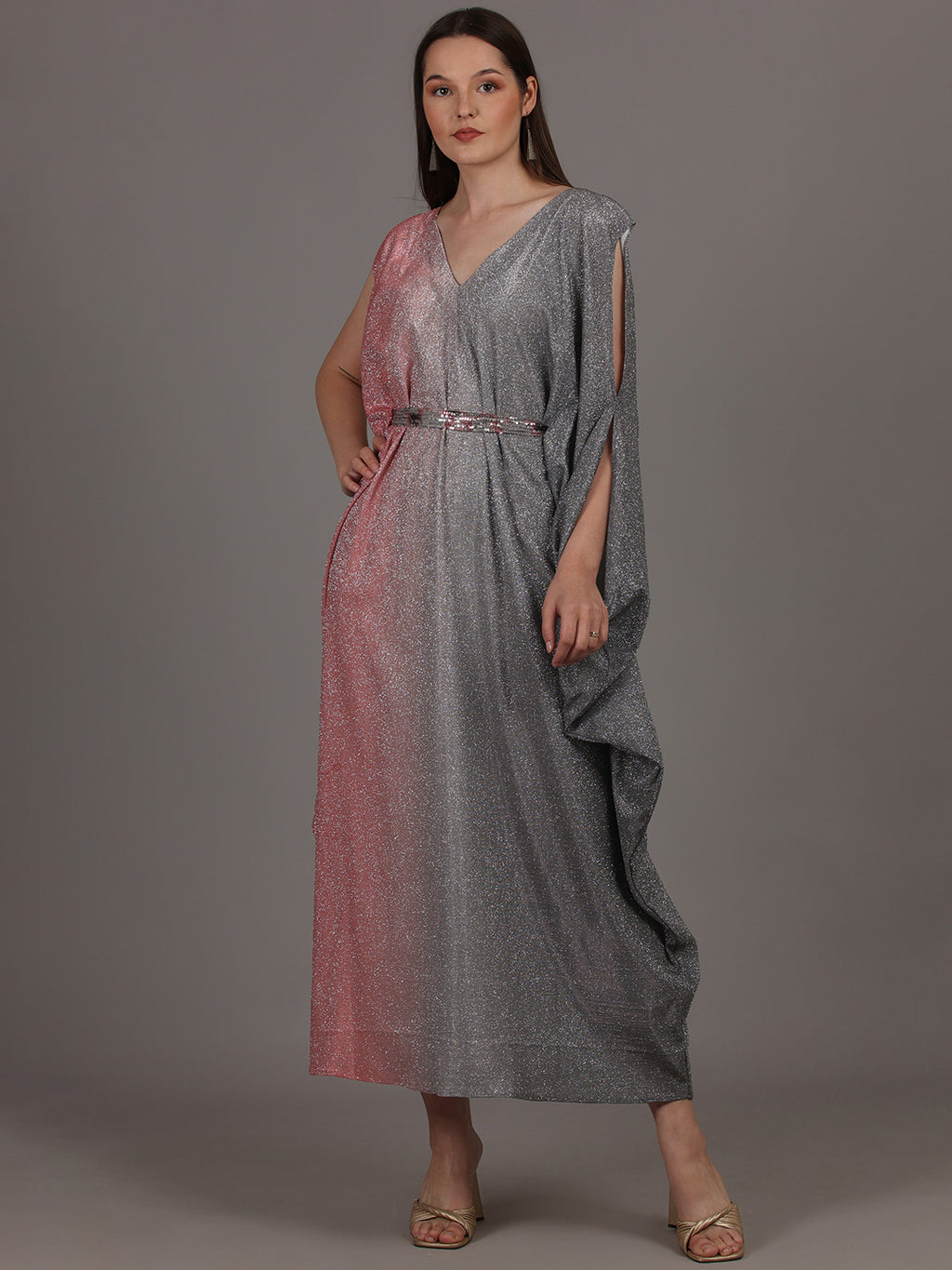 Namah By Parul Mongia Grey & Carrot Red Lycra Shimmer Kaftan