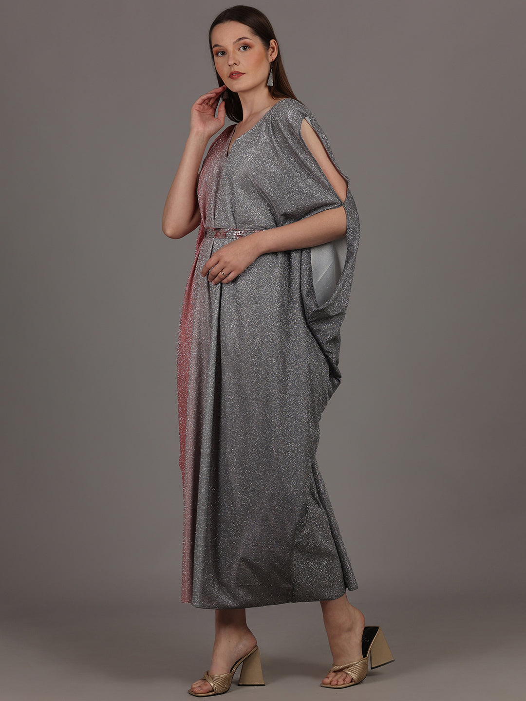 Namah By Parul Mongia Grey & Carrot Red Lycra Shimmer Kaftan