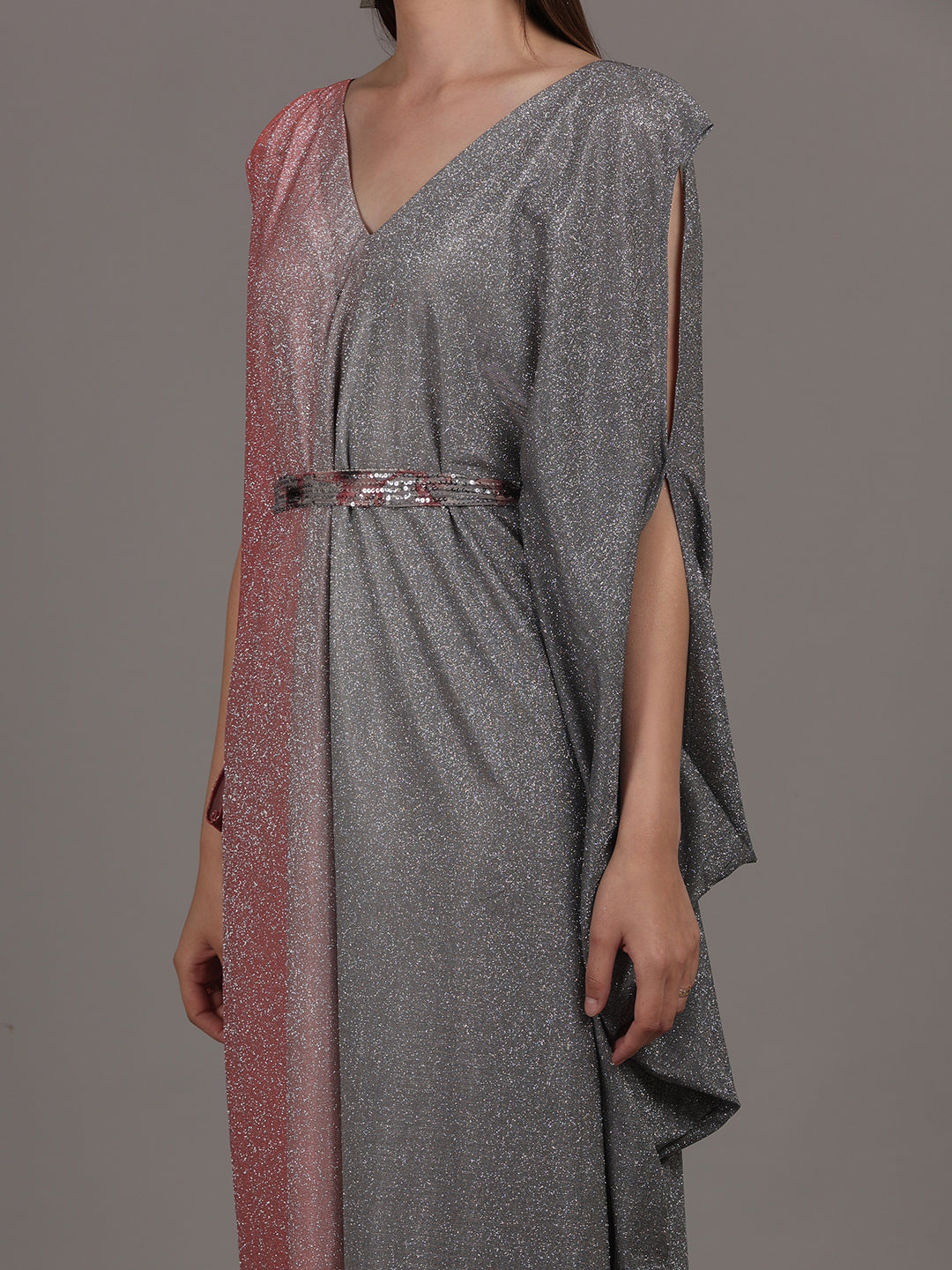 Namah By Parul Mongia Grey & Carrot Red Lycra Shimmer Kaftan