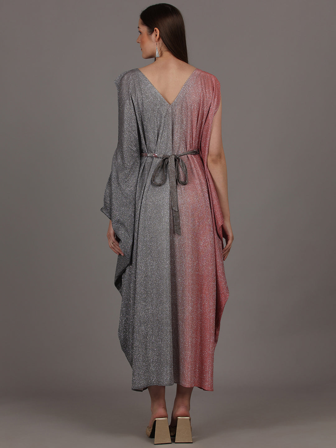 Namah By Parul Mongia Grey & Carrot Red Lycra Shimmer Kaftan