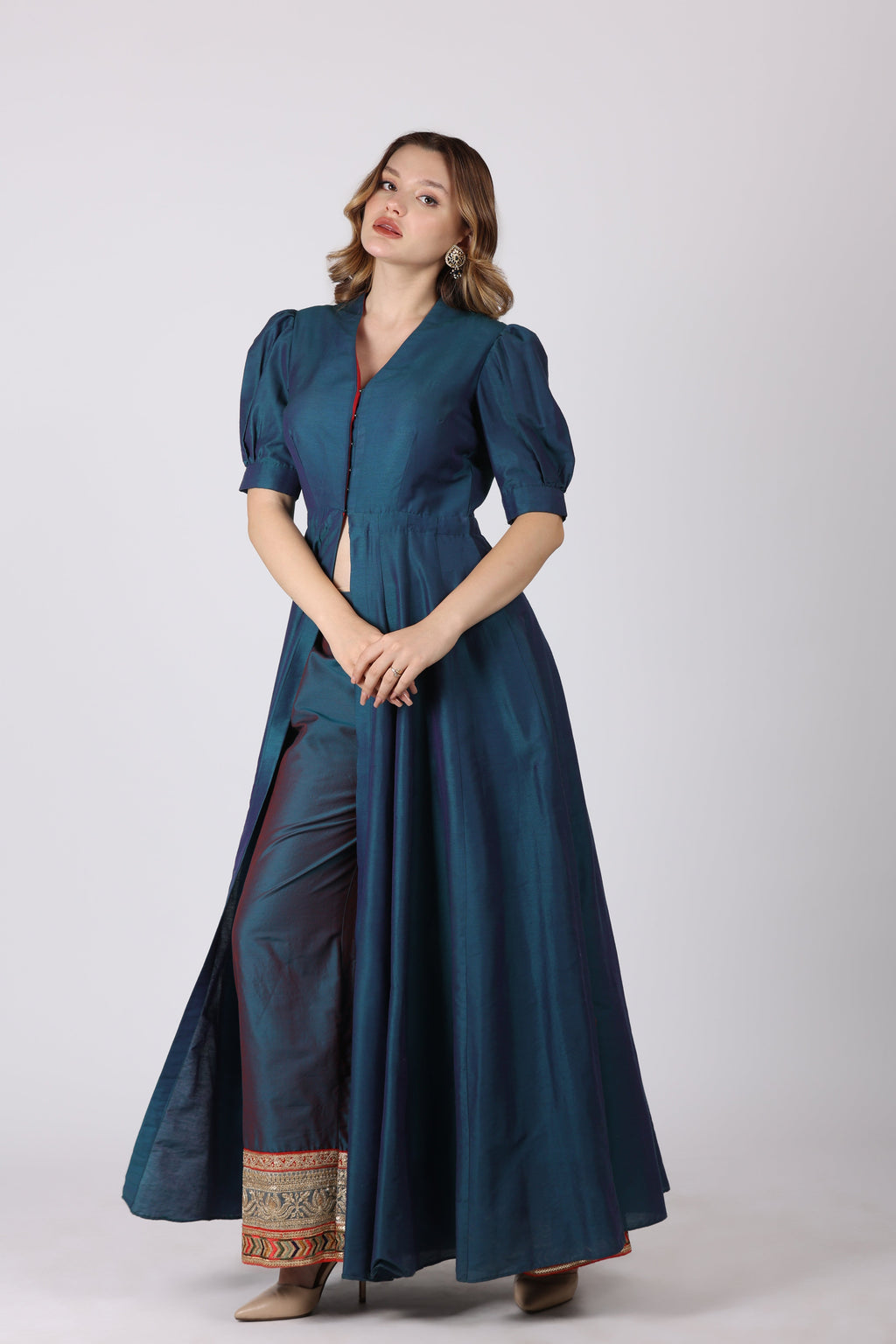 NAMAH BY PARUL MONGIA Teal Embroidered Slit Kurta and Pant