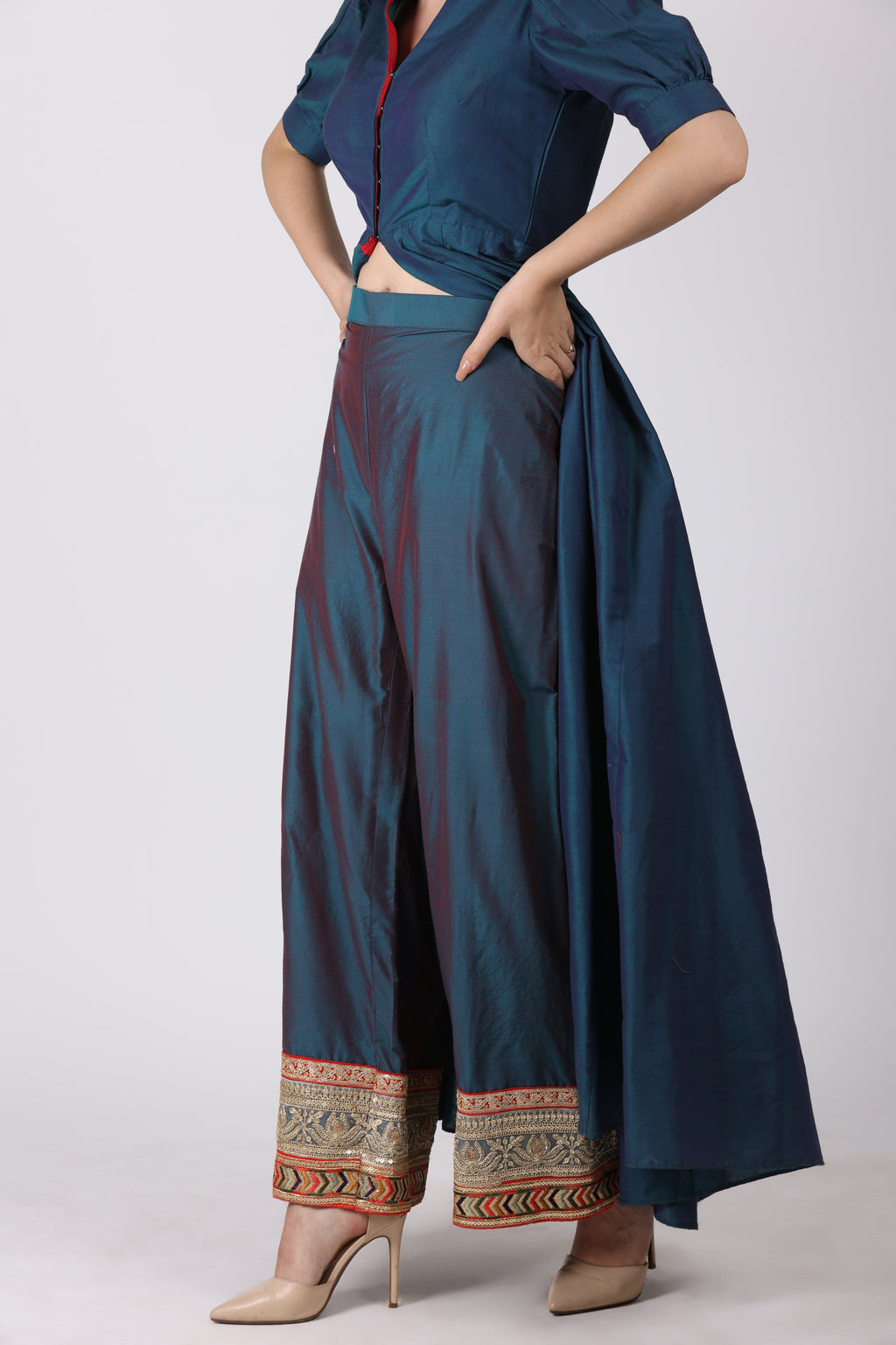 NAMAH BY PARUL MONGIA Teal Embroidered Slit Kurta and Pant