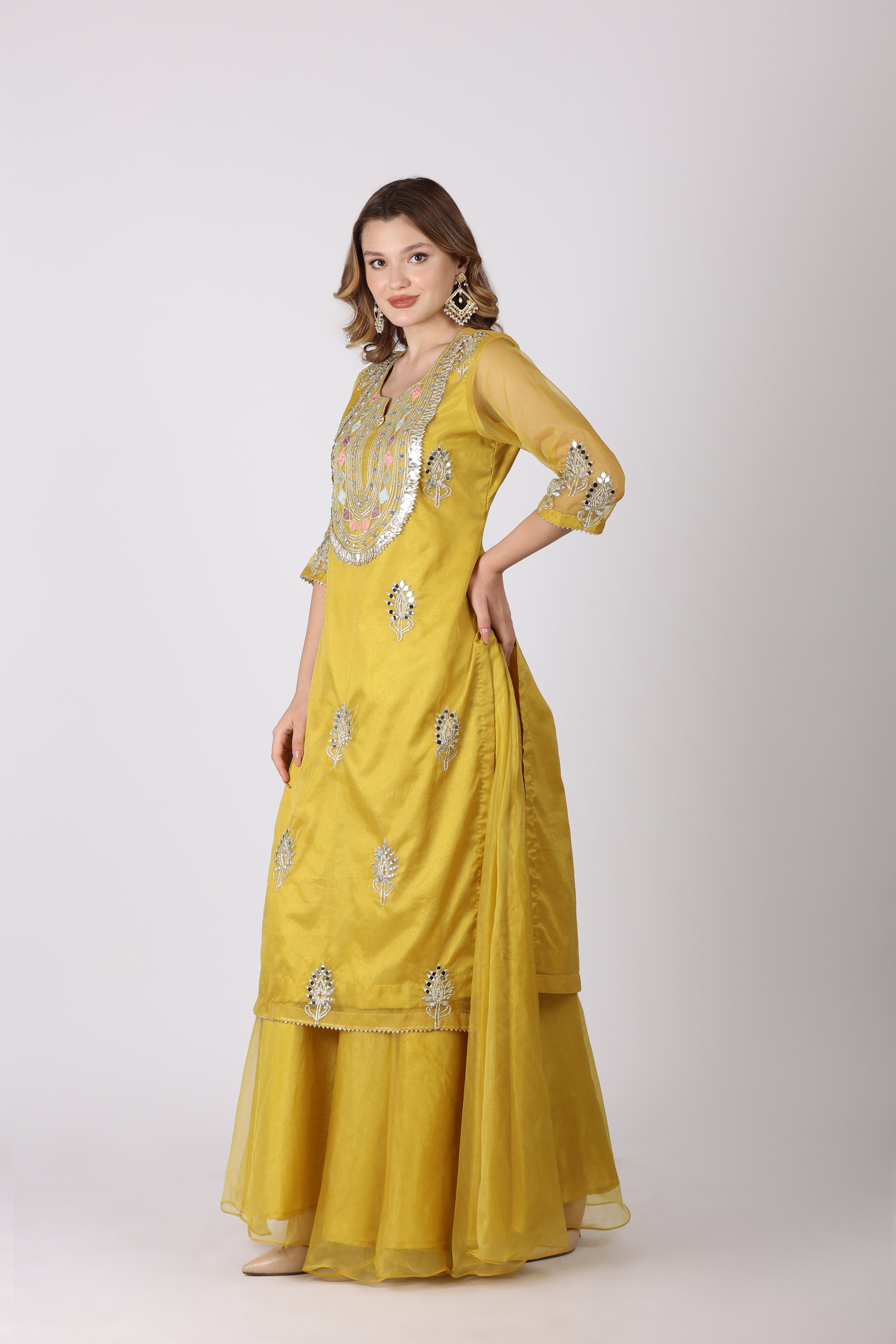 NAMAH BY PARUL MONGIA Yellow Mirror Work Kurta with Sharara and Dupatta