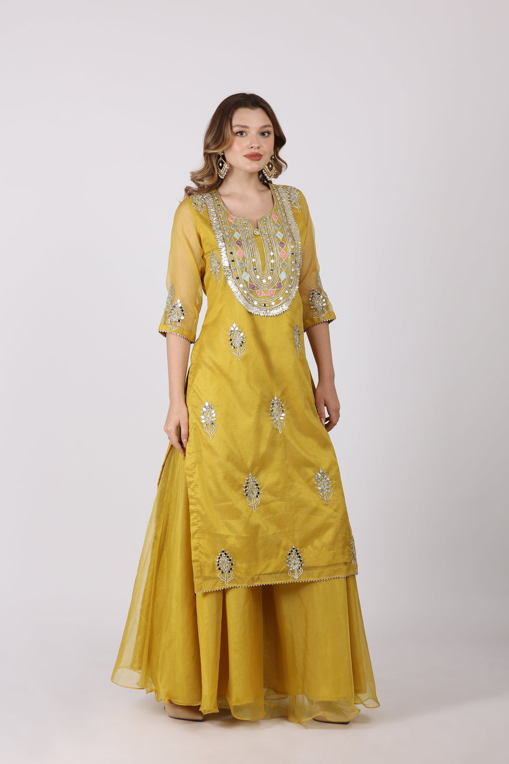 NAMAH BY PARUL MONGIA Yellow Mirror Work Kurta with Sharara and Dupatta