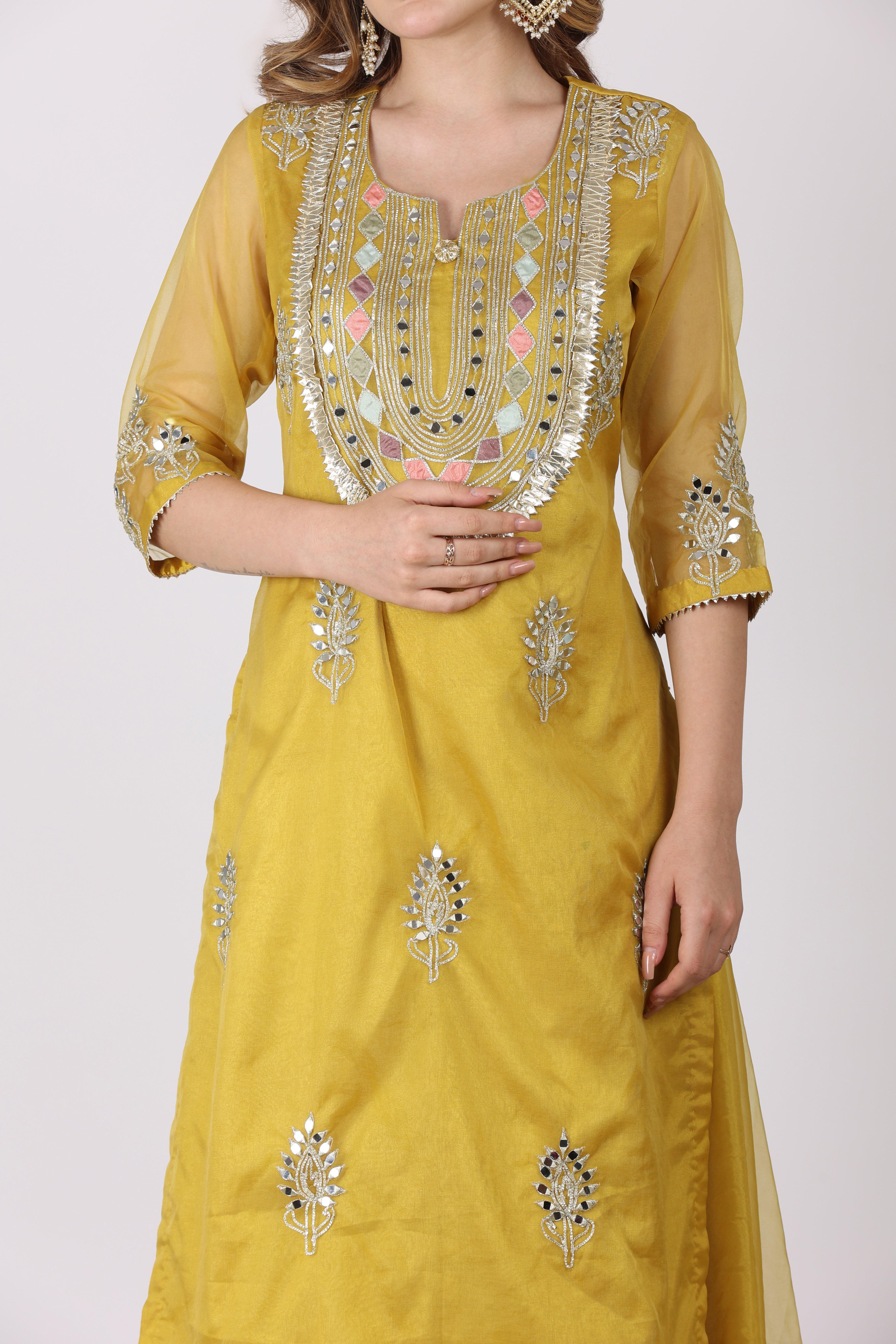 NAMAH BY PARUL MONGIA Yellow Mirror Work Kurta with Sharara and Dupatta