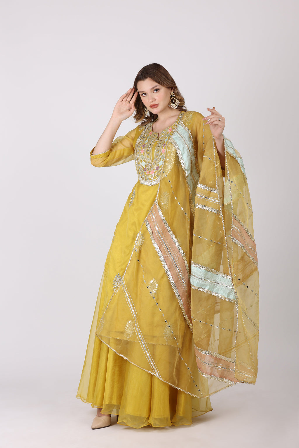 NAMAH BY PARUL MONGIA Yellow Mirror Work Kurta with Sharara and Dupatta