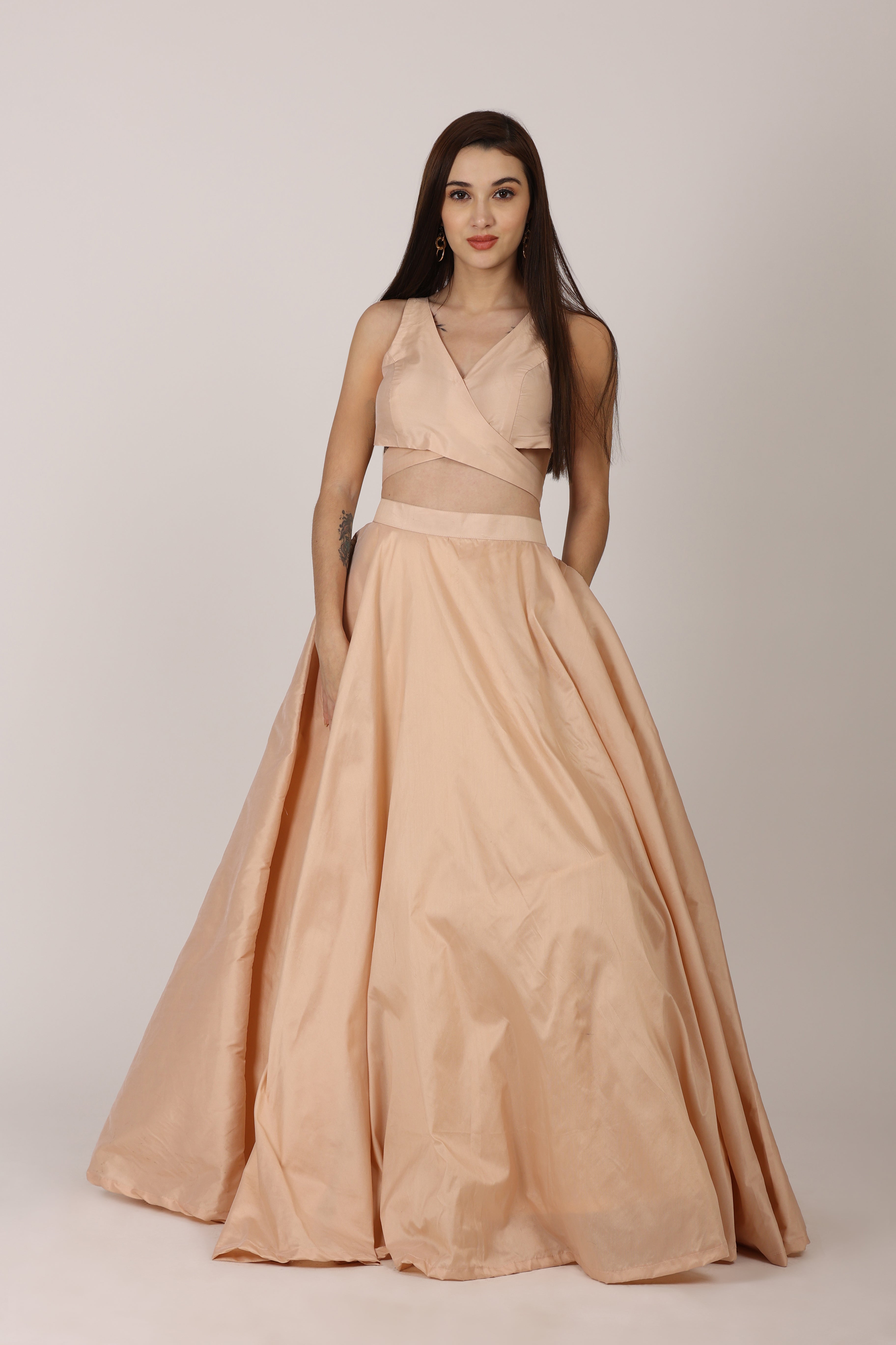 NAMAH BY PARUL MONGIA Beige Salmon Solid Blouse with Lehenga and Dupatta