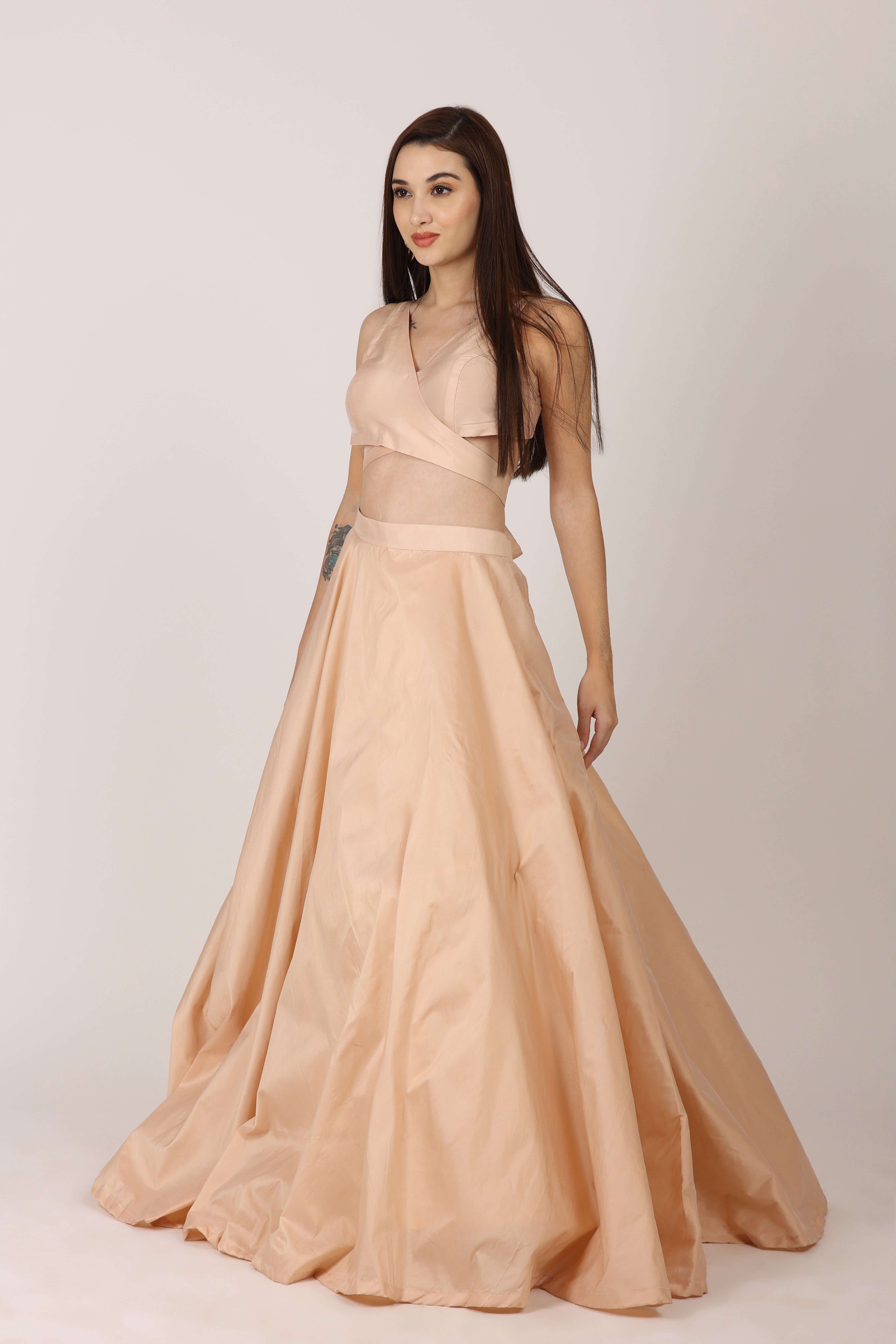NAMAH BY PARUL MONGIA Beige Salmon Solid Blouse with Lehenga and Dupatta