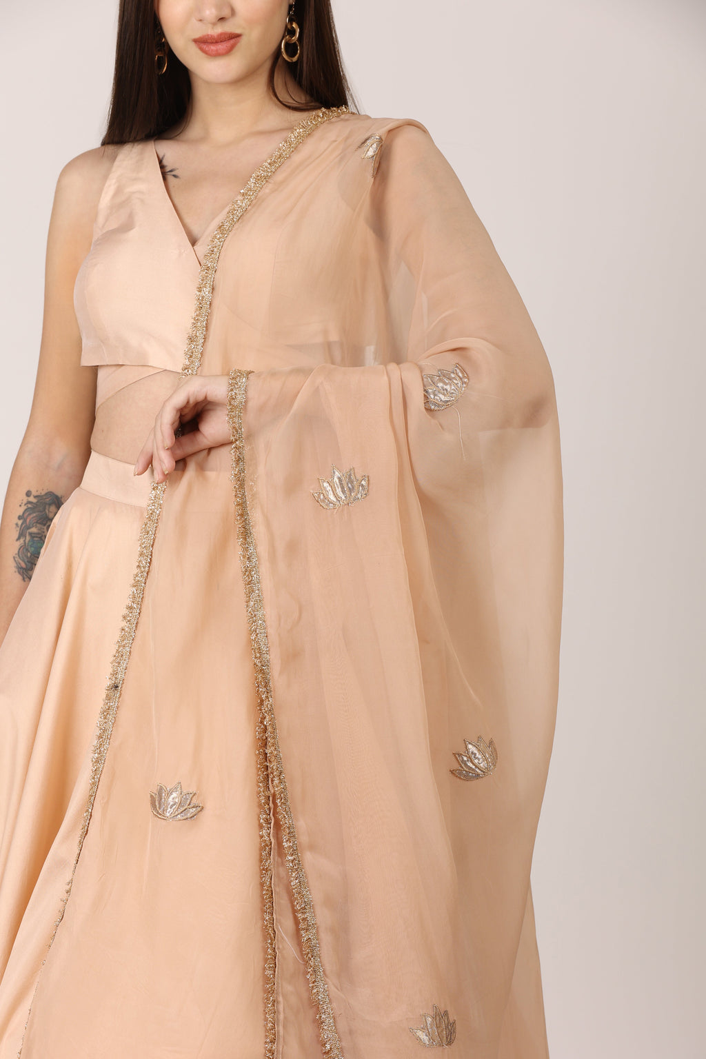 NAMAH BY PARUL MONGIA Beige Salmon Solid Blouse with Lehenga and Dupatta