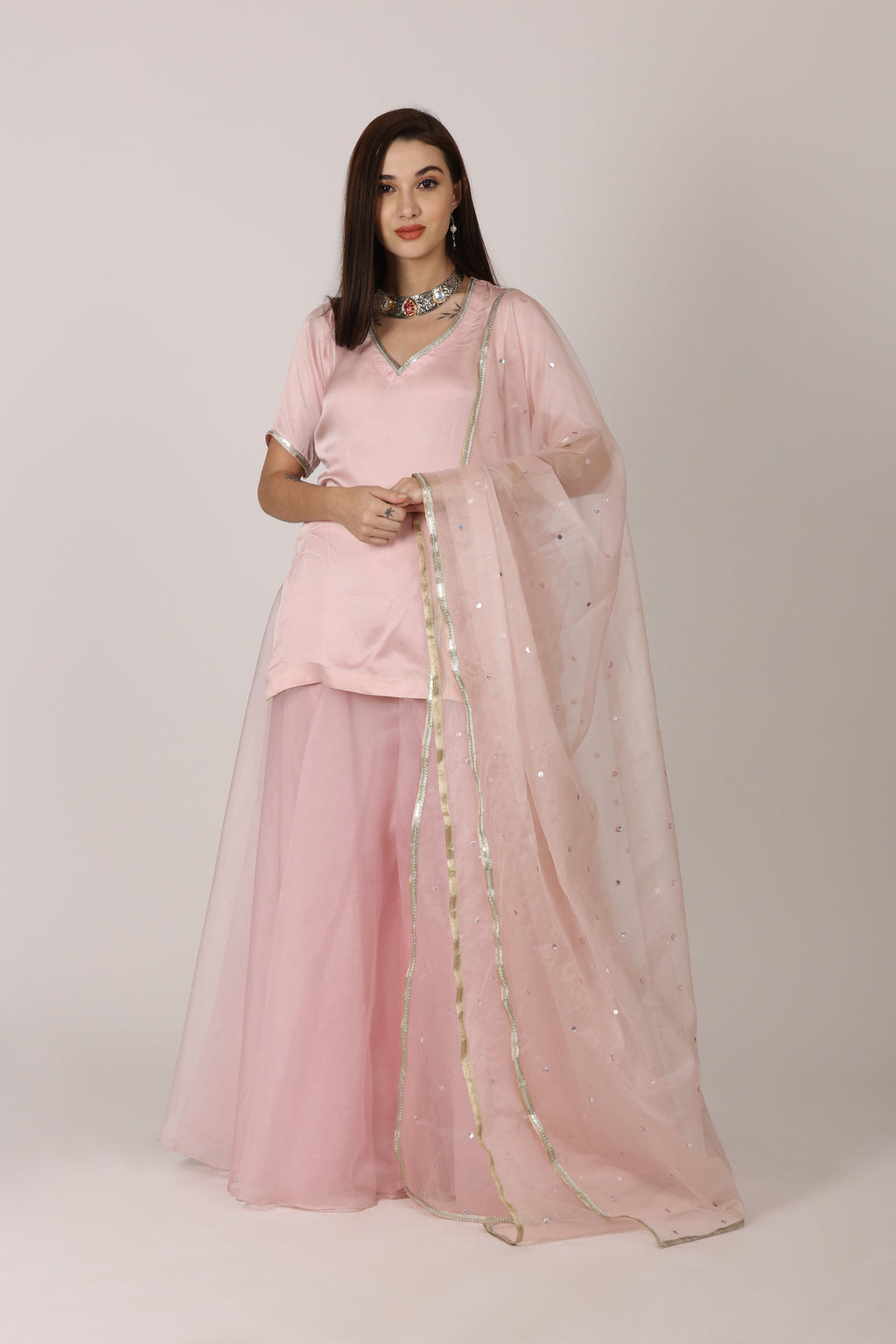 NAMAH BY PARUL MONGIA Pink Solid Kurta with Sharara and Dupatta