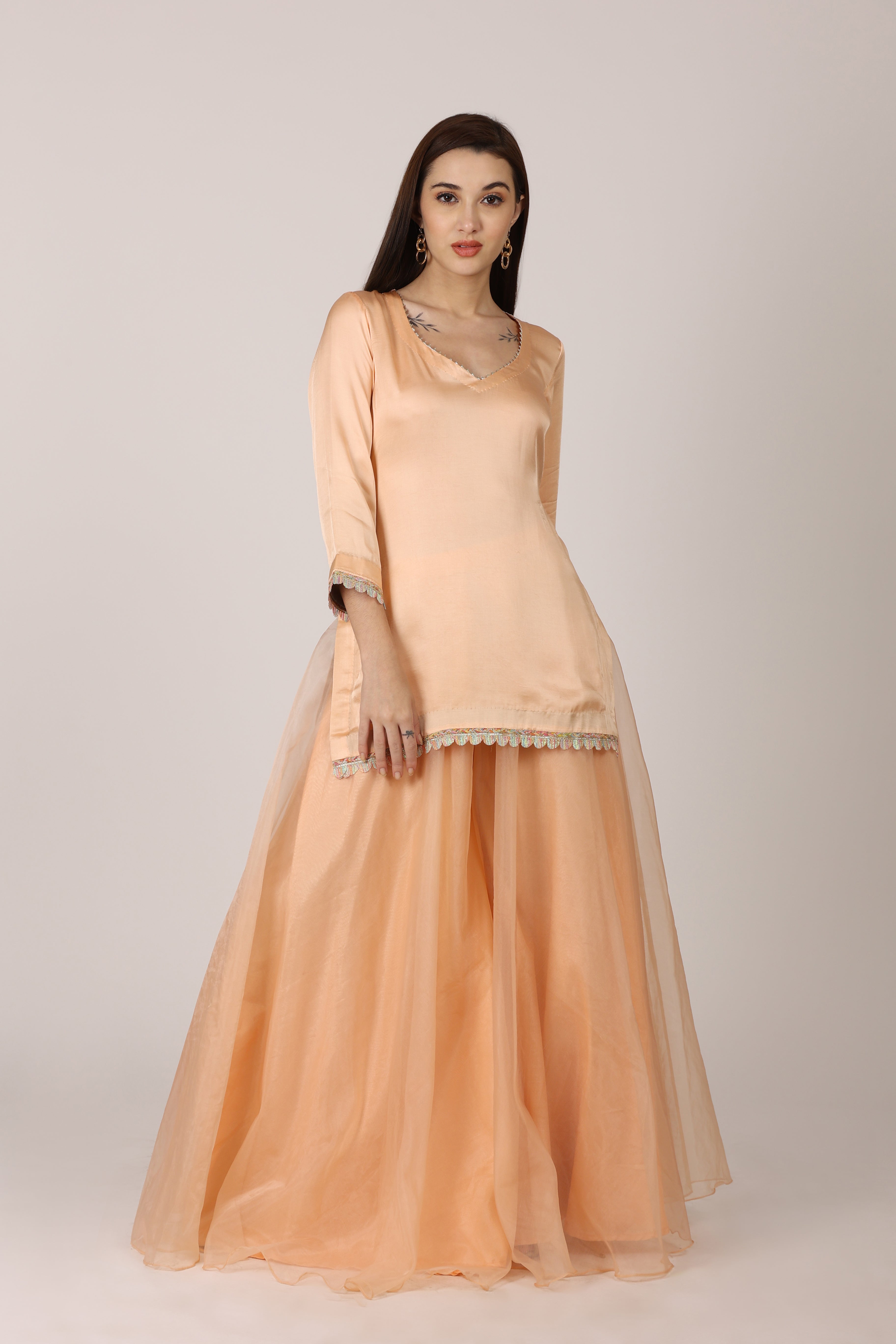 NAMAH BY PARUL MONGIA Peach Solid Kurta with Sharara and Dupatta