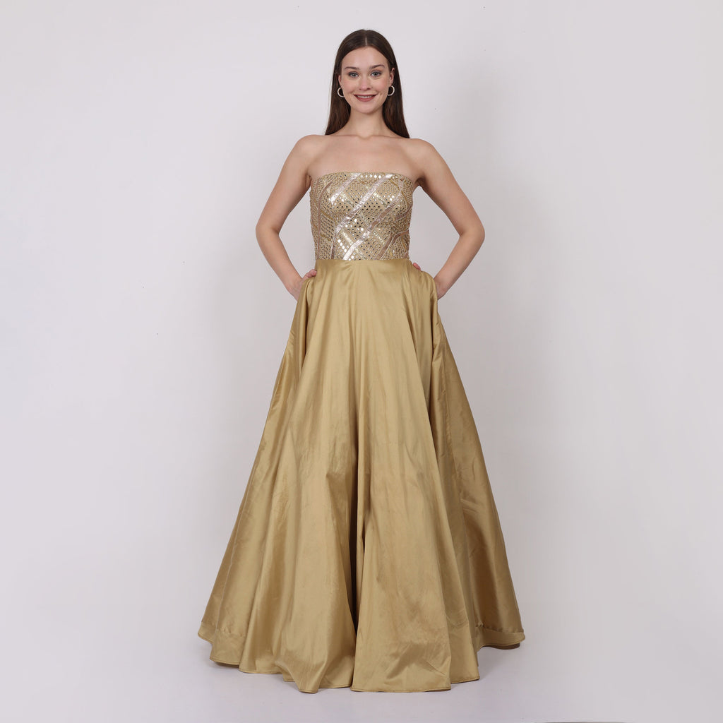 NAMAH BY PARUL MONGIA Gold Mirror Work Silk Tube Gown