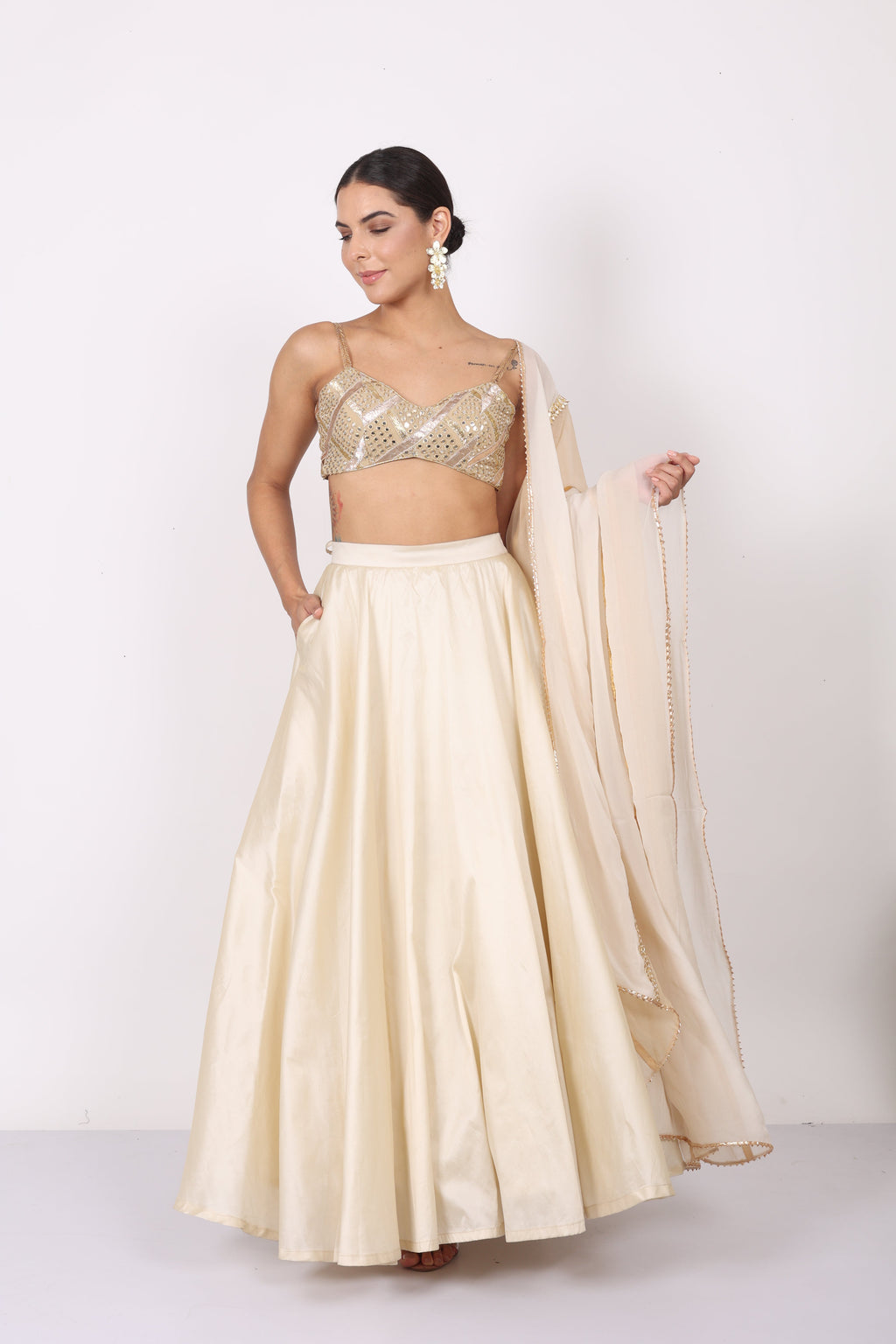 NAMAH BY PARUL MONGIA Ivory Silk Embroidered Blouse with Lehenga and Dupatta