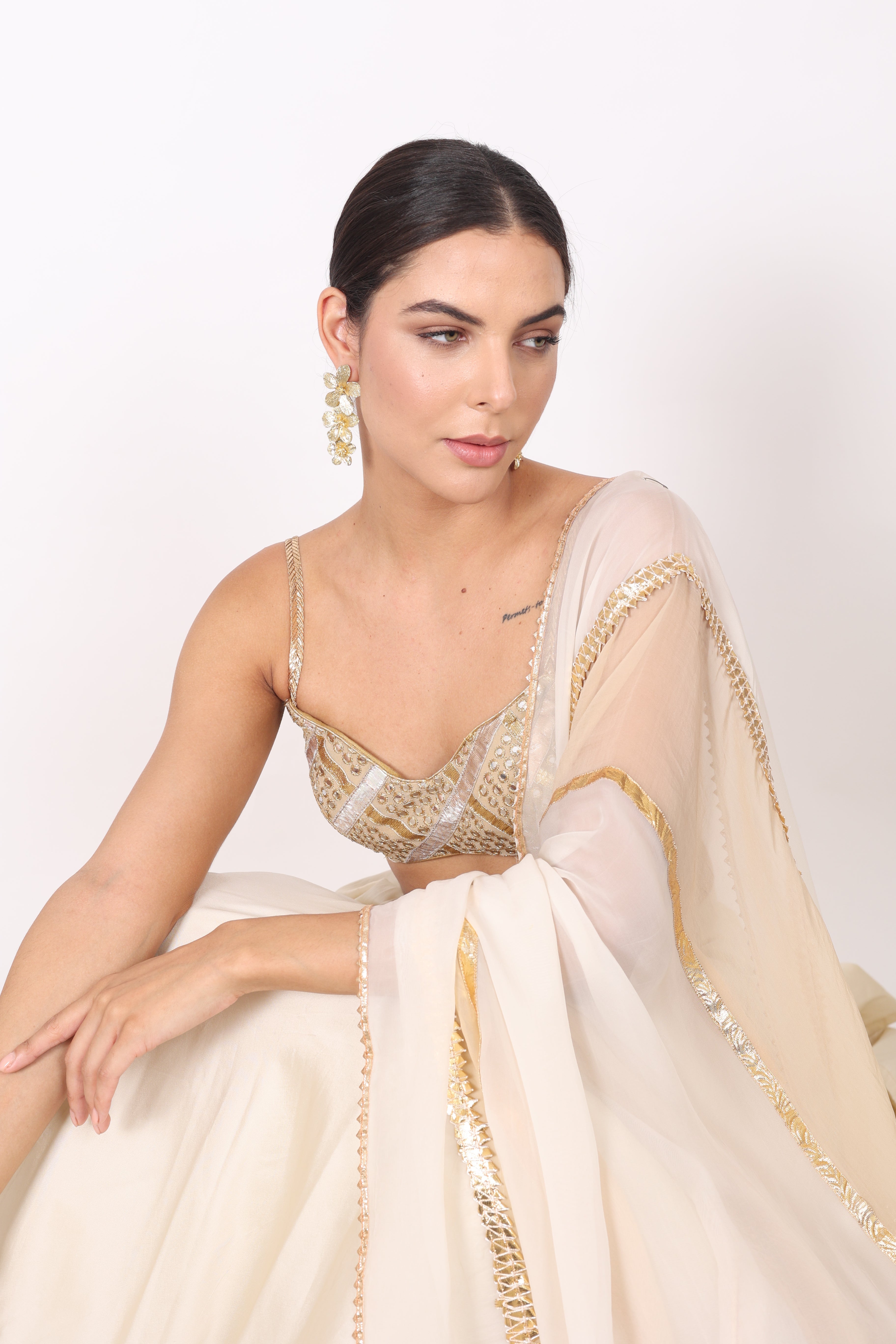 NAMAH BY PARUL MONGIA Ivory Silk Embroidered Blouse with Lehenga and Dupatta