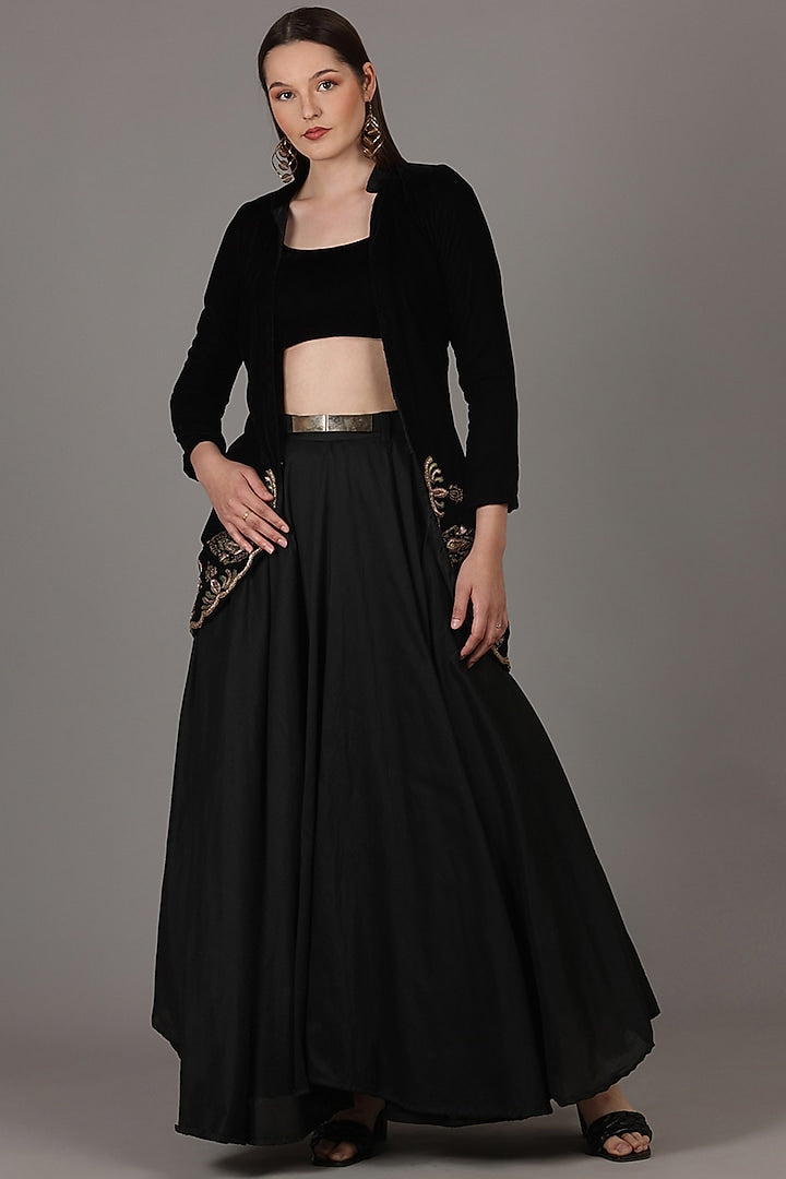 Black Velvet & Taffeta Silk Zardosi Hand Embroidered Jacket Lehenga Set
