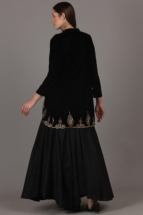 Black Velvet & Taffeta Silk Zardosi Hand Embroidered Jacket Lehenga Set