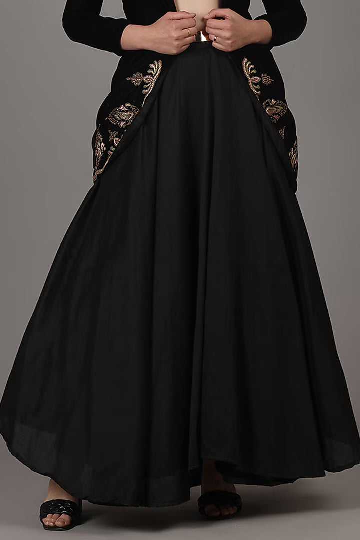 Black Velvet & Taffeta Silk Zardosi Hand Embroidered Jacket Lehenga Set