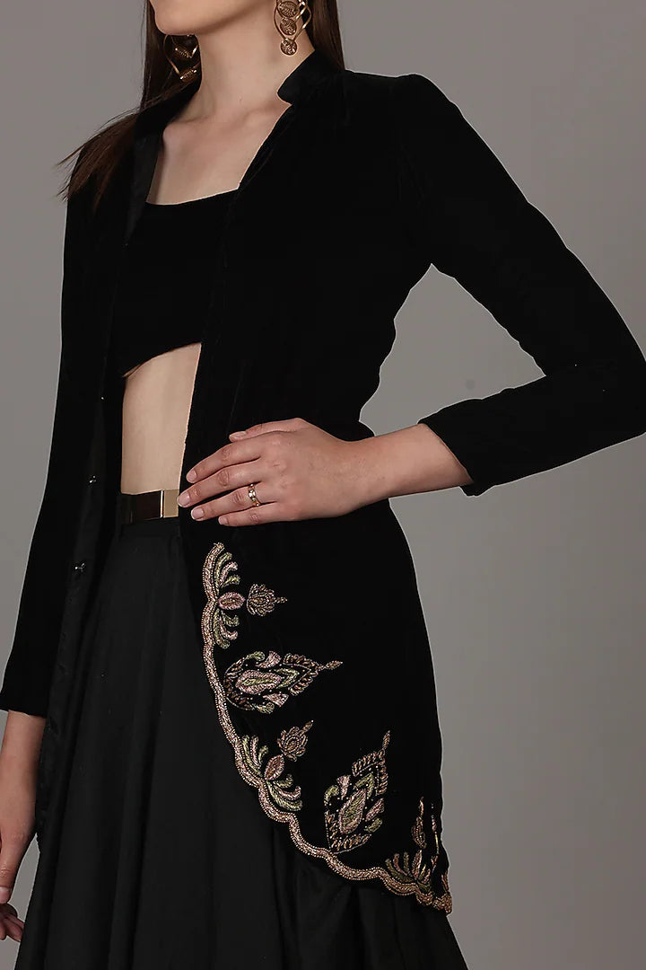Black Velvet & Taffeta Silk Zardosi Hand Embroidered Jacket Lehenga Set