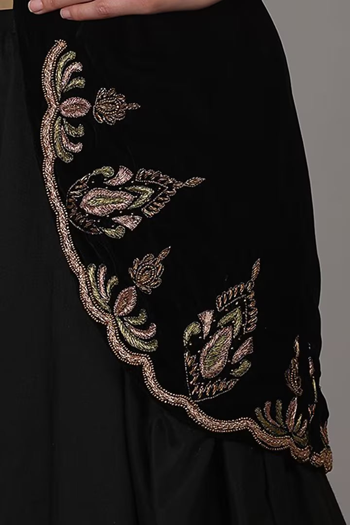 Black Velvet & Taffeta Silk Zardosi Hand Embroidered Jacket Lehenga Set