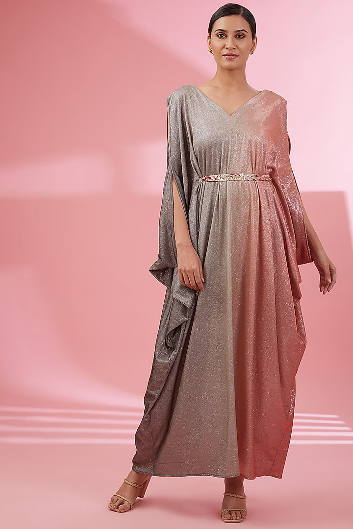 Namah By Parul Mongia Grey & Carrot Red Lycra Shimmer Kaftan