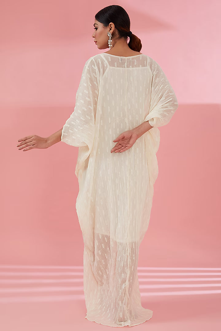 Namah By Parul Mongia Cream Crinkle Poly Chiffon Pearl Embroidered Kaftan