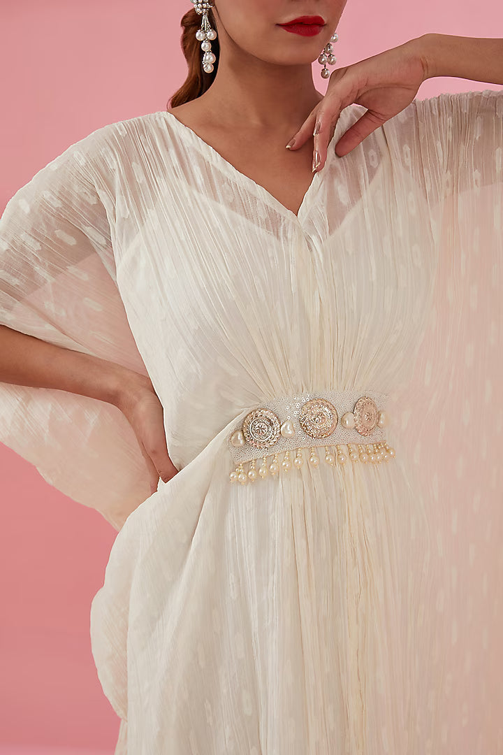 Namah By Parul Mongia Cream Crinkle Poly Chiffon Pearl Embroidered Kaftan