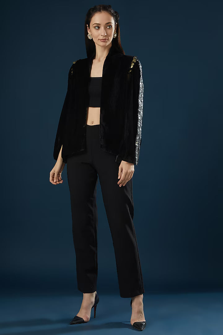 Namah By Parul Mongia Charcoal Black Velvet Shrug