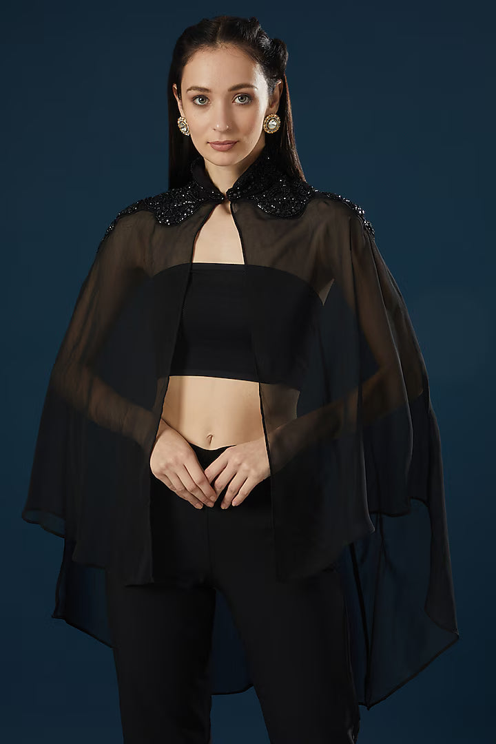 Namah By Parul Mongia Black Georgette Cape
