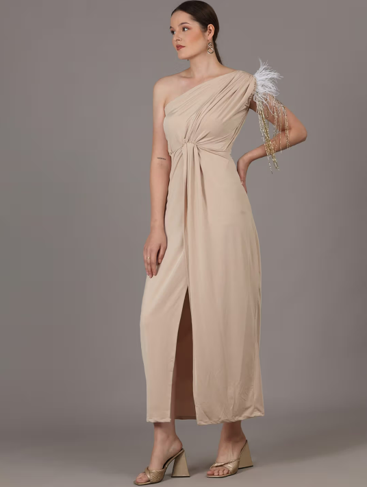 NAMAH BY PARUL MONGIA Sand Beige Lycra One Shoulder Maxi Dress