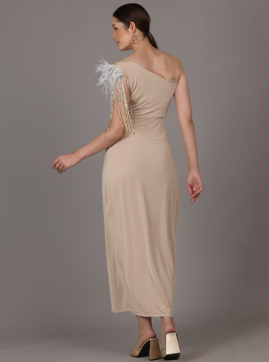 NAMAH BY PARUL MONGIA Sand Beige Lycra One Shoulder Maxi Dress
